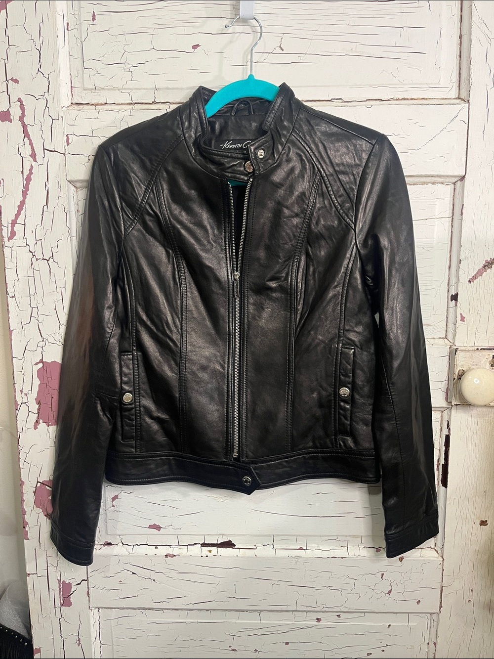 Kenneth Cole New York Black Leather Fitted Moto Jacket Sz Med